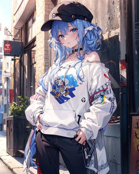 55870-524361382-masterpiece,1girl,solo,long hair,blue hair,hoodie,,off shoulder_1.2, mob cap, street,hand on hip, hand in pocket,.png